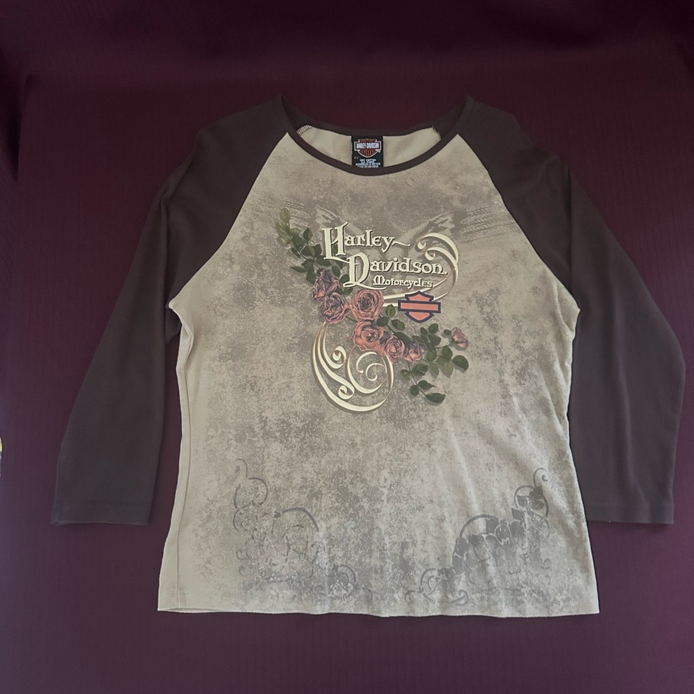 Cute Brown Tones Harley Davidson top with three-quarter sleeves.